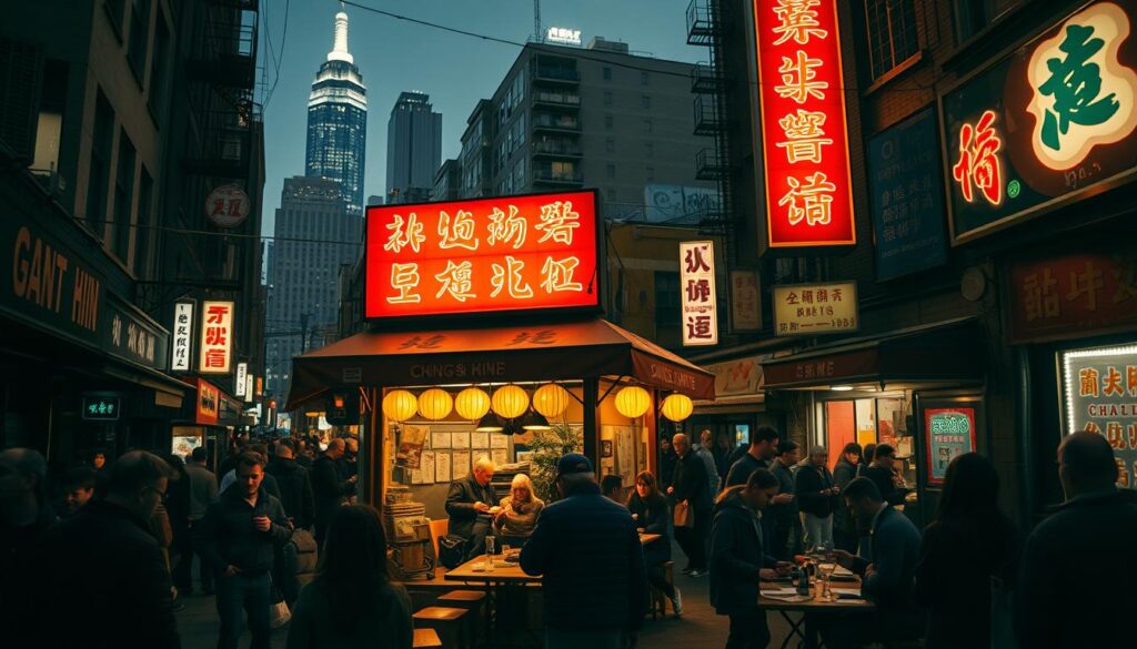 A bustling Chinatown street at midnight, neon signs casting a warm glow over the crowded sidewalks. In the foreground, a small hole-in-the-wall restaurant with steaming dumplings and noodle dishes spilling out from the open doorway. Patrons huddle around rickety tables, savoring late-night bites and lively conversation. The middle ground features a mix of traditional architecture and modern high-rises, creating an intriguing contrast. In the background, the iconic Manhattan skyline looms, a reminder of the city that never sleeps. The scene is bathed in a soft, cinematic light, capturing the vibrant, atmospheric energy of Chinatown after dark.
