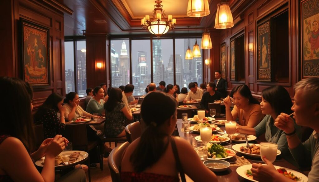 A bustling Filipino restaurant in the heart of NYC, bathed in warm, inviting lighting. In the foreground, a group of friends sharing a lively meal, plates piled high with vibrant, authentic dishes - adobo, lumpia, halo-halo. The middle ground features the elegant, wooden-paneled interior, with intricate Filipino art and textiles adorning the walls. In the background, the cityscape outside the large windows, the skyscrapers and neon signs of the metropolitan landscape. An atmosphere of cultural celebration, where the flavors, aromas, and sounds of the Philippines come alive, creating an immersive dining experience.