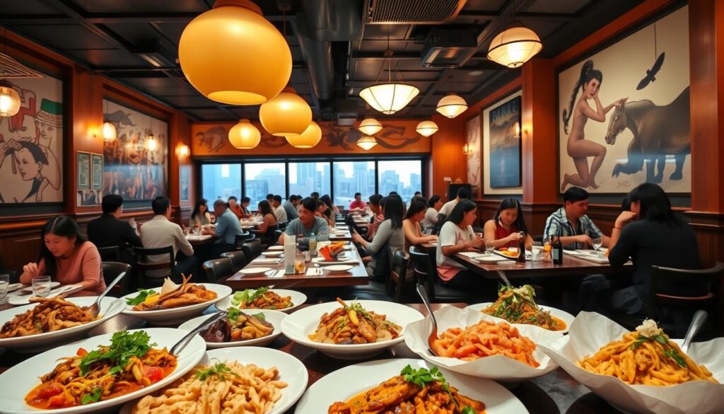 A bustling Filipino restaurant nestled in the heart of New York City, its warm, inviting atmosphere accentuated by the soft glow of pendant lights and vibrant wall murals. In the foreground, a diverse array of authentic Filipino dishes are beautifully plated, showcasing the rich flavors and vibrant colors of the cuisine. The middle ground features the lively energy of the dining room, with patrons engaged in lively conversation and enjoying their meals. In the background, a glimpse of the city skyline can be seen through the large windows, adding to the cosmopolitan ambiance. The overall scene conveys a sense of cultural authenticity, culinary excellence, and a welcoming, energetic dining experience.