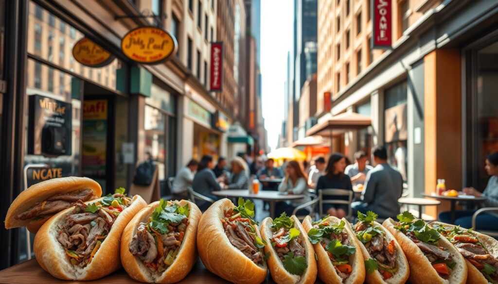 A bustling Manhattan street lined with vibrant storefronts and cafes. In the foreground, an array of delicious Banh Mi sandwiches - freshly baked Vietnamese baguettes filled with succulent roasted pork, tangy pickled vegetables, and fragrant cilantro. The sandwiches are arranged on a wooden display, bathed in warm afternoon sunlight filtering through the storefront's large windows. In the middle ground, customers seated at small tables enjoy their Banh Mi, a lively scene of conversation and laughter. The background features the iconic skyscrapers of Manhattan, creating a harmonious blend of urban and culinary delights.