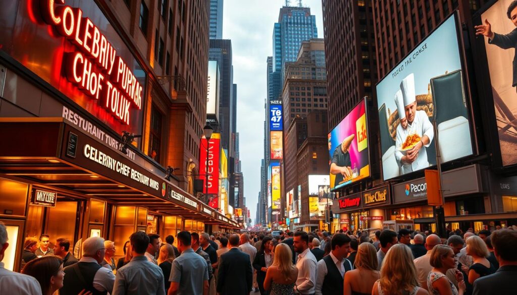 A bustling Manhattan street, the neon-lit facade of renowned celebrity chef restaurants. In the foreground, a stylish crowd of diners gathered, dressed to impress, eagerly anticipating their culinary experiences. The middle ground showcases the grand entryways, with chefs and hosts greeting patrons. In the background, the iconic skyscrapers and billboards of the city create a vibrant, electric atmosphere. Warm, golden lighting illuminates the scene, casting a delightful glow over the lively culinary promotions. A wide-angle lens captures the energy and excitement of this premier dining destination, where the city's top chefs showcase their culinary prowess.