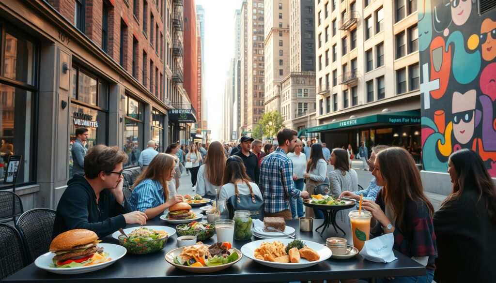 A bustling New York City street, with tall buildings and busy sidewalks. In the foreground, a group of people dining at an outdoor café, savoring various vegan dishes - hearty plant-based burgers, vibrant salads, and artfully presented desserts. The scene is bathed in warm, golden light, conveying a sense of culinary exploration and indulgence. In the middle ground, pedestrians stroll by, some carrying reusable tote bags and coffee cups, reflecting the city's embrace of sustainable living. In the background, a mural showcases a collage of colorful, abstract shapes and patterns, hinting at the diverse cultural influences that shape the vegan culinary landscape of NYC. The overall atmosphere is one of energy, creativity, and a celebration of plant-based deliciousness.