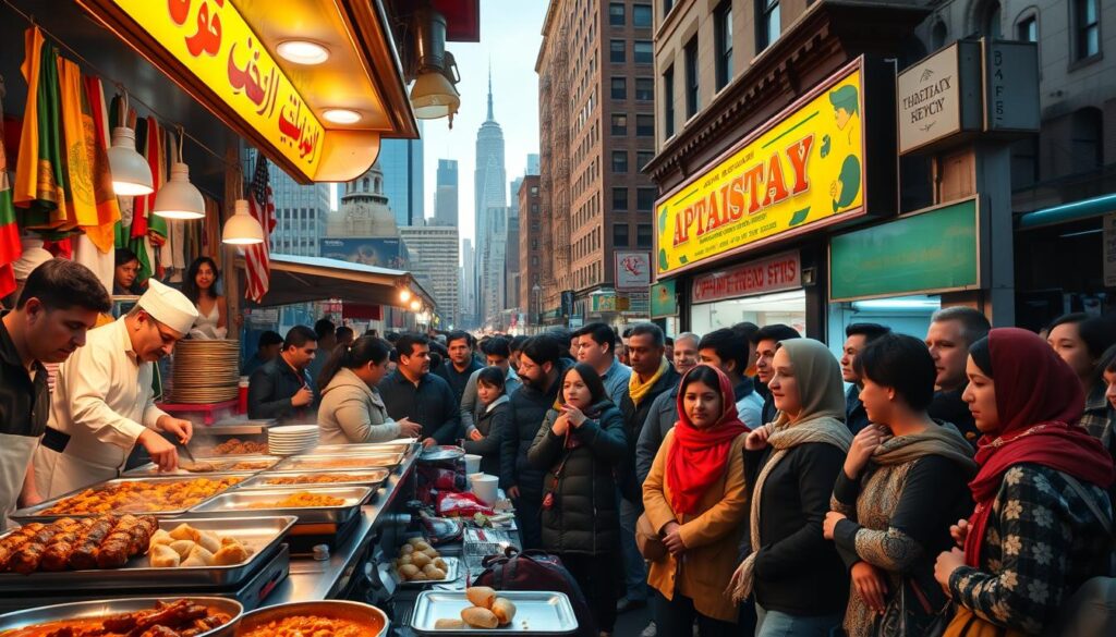 A bustling Pakistani street food stall in the heart of New York City, with vibrant colors, tantalizing aromas, and a lively, cosmopolitan atmosphere. In the foreground, a display of sizzling kebabs, steaming curries, and crisp samosas, attended by a skilled vendor in traditional attire. The middle ground features a diverse crowd of locals and tourists eagerly waiting to savor the authentic flavors, their faces lit by the warm glow of the stall's overhead lamps. In the background, the towering skyscrapers of the Manhattan skyline provide a dramatic contrast, creating a fusion of the old and new, the East and West. The scene exudes a sense of cultural celebration, showcasing the rising popularity of Pakistani street food as a unique and integral part of the diverse culinary landscape of New York City.