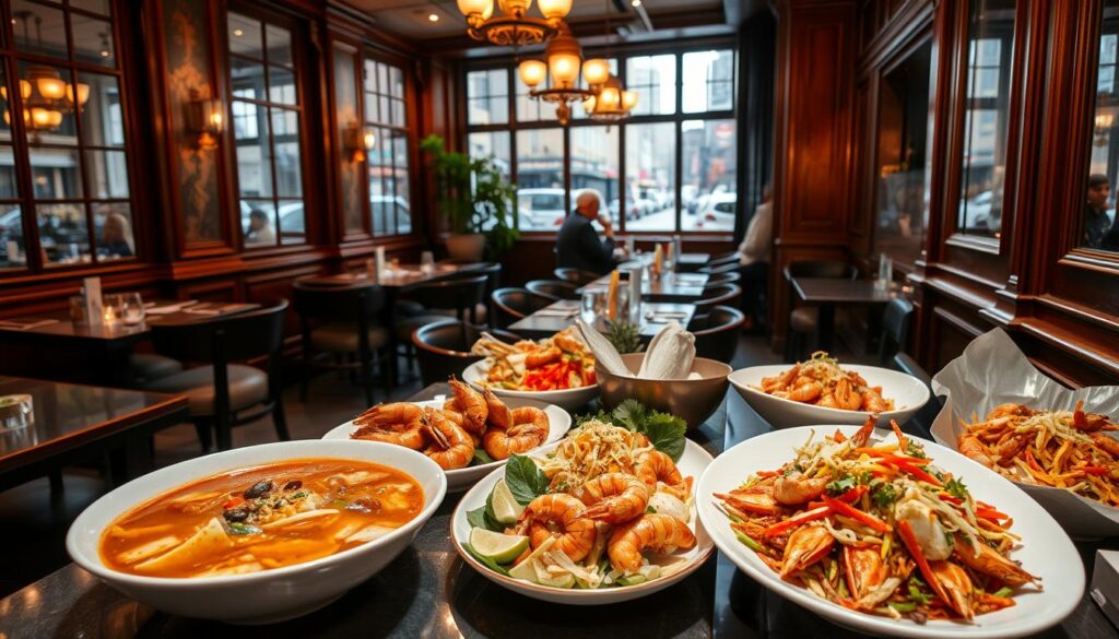 A bustling Vietnamese seafood eatery in the heart of New York City. A sumptuous spread of freshly prepared dishes takes center stage, including steaming bowls of aromatic pho, platters of succulent grilled prawns, and vibrant salads bursting with shredded crab, mango, and crisp veggies. Warm lighting casts a cozy glow, while large windows offer glimpses of the lively city streets beyond. Elegant wooden tables and chairs create an inviting atmosphere, complemented by the gentle hum of conversation and the mouthwatering scents wafting from the open kitchen. A visually captivating representation of the vibrant Vietnamese seafood specialties found in New York's thriving culinary landscape.