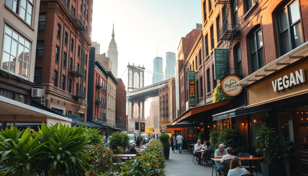A bustling cityscape of New York City's best vegan restaurants, bathed in warm, golden light. In the foreground, a vibrant outdoor seating area with lush greenery, modern furniture, and patrons enjoying plant-based dishes. The middle ground features the facades of stylish, eco-conscious eateries, their signs and window displays showcasing their mouthwatering vegan offerings. In the background, the iconic skyscrapers and bridges of the Manhattan skyline stand tall, creating a dynamic and inspiring urban setting. The atmosphere radiates a sense of health, sustainability, and culinary excellence, perfectly capturing the essence of the top vegan dining destinations in the city.