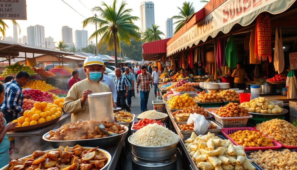 A bustling open-air market in Manila, overflowing with vibrant displays of tropical fruits, freshly caught seafood, and sizzling street food stalls. The foreground showcases a colorful array of iconic Filipino dishes - steaming platters of adobo, fragrant chicken and pork simmered in soy sauce and vinegar, alongside crispy lumpia rolls and heaping servings of garlic-infused sinangag rice. In the middle ground, vendors in traditional Barong Tagalog shirts haggle with eager customers, while the background reveals the iconic skyline of skyscrapers and palm trees, bathed in warm, golden afternoon light. The scene exudes the lively energy, rich flavors, and cultural pride that define authentic Filipino cuisine, capturing the essence of why New York City has become a hub for this vibrant culinary tradition.