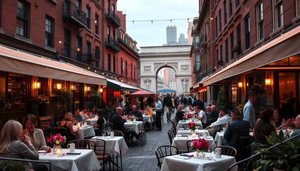 A bustling outdoor cafe nestled in the heart of Little Italy, New York City. Intimate tables adorned with crisp white linens and vibrant floral centerpieces line the quaint cobblestone street, bathed in the warm glow of cafe string lights overhead. Patrons savor authentic Italian cuisine and sip on rich espresso, surrounded by the charming facades of historic brownstone buildings. A gentle breeze carries the tantalizing aromas of garlic, basil, and simmering tomato sauce. In the distance, the iconic Washington Square Arch and the lively energy of Greenwich Village create a captivating backdrop to this quintessential New York dining experience.
