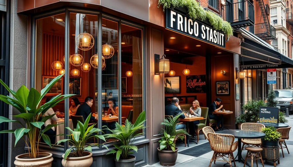 A bustling storefront on a vibrant NYC street, the facade of the best Filipino restaurant in the city. Large windows showcase a cozy, inviting interior with warm lighting and wooden accents. A group of patrons can be seen dining at elegant tables, immersed in lively conversation. Outside, a small patio with lush potted plants and rattan furnishings sets the scene for al fresco dining. The aroma of sizzling garlic, soy sauce, and citrus wafts through the air, enticing passersby. The scene exudes a perfect balance of modern elegance and authentic Filipino charm, capturing the essence of this culinary gem.
