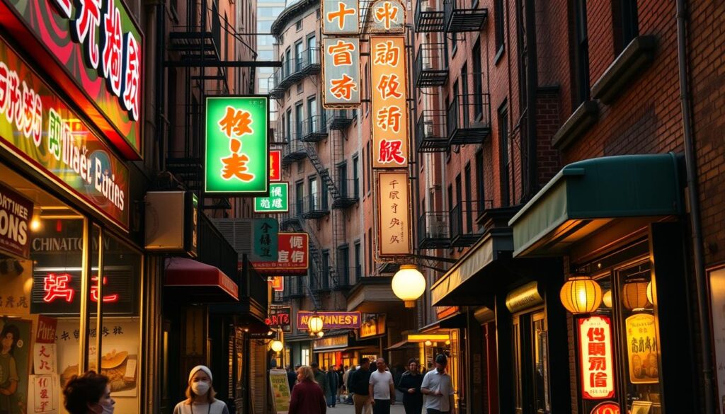 A bustling street in Chinatown, NYC, bathed in warm, golden light. Vibrant, neon-lit storefront signs beckon passersby, hinting at the hidden culinary delights within. Narrow alleyways and side streets lead to unassuming, family-run restaurants, their doors slightly ajar, inviting exploration. Weathered, red-brick buildings frame the scene, their facades adorned with intricate, hand-painted murals and decorative lanterns. The air is thick with the tantalizing aromas of sizzling Cantonese cuisine, tempting the senses. A sense of discovery and adventure permeates the atmosphere, as if the viewer is about to uncover a well-kept secret of the neighborhood.