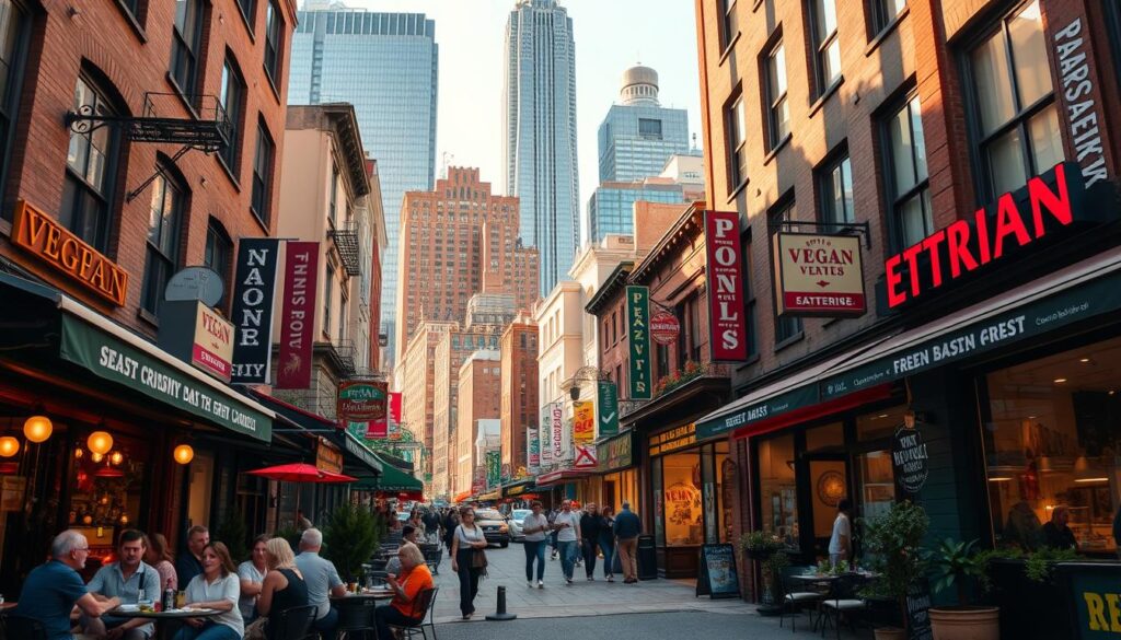 A bustling street in Manhattan's lively vegan district, with vibrant storefronts showcasing plant-based cuisine. In the foreground, a group of diners enjoy a leisurely meal at an outdoor cafe, surrounded by the energy of the city. The middle ground features a diverse array of vegan eateries, their windows displaying tempting plant-based dishes and signage advertising their specialties. In the background, the iconic skyscrapers of Manhattan rise, creating a dynamic urban landscape. The scene is bathed in warm, golden afternoon light, evoking a welcoming and inviting atmosphere. The overall composition captures the essence of Manhattan's premier vegan destinations, where plant-based dining takes center stage.