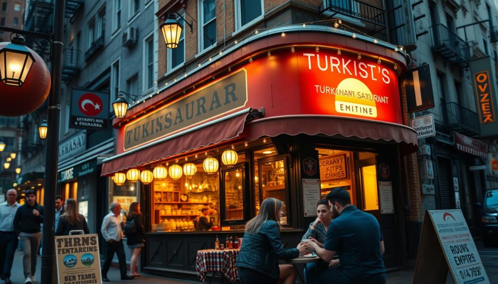 A bustling street in Manhattan's vibrant Turkish neighborhood, featuring the facade of a cozy, traditional Turkish restaurant. The warm, inviting glow of lanterns and string lights spills out onto the sidewalk, beckoning passersby to step inside and sample the authentic flavors of the Ottoman Empire. Colorful awnings and hand-painted signage add to the charming, old-world ambiance, while the aroma of fragrant spices and sizzling kebabs wafts through the air. In the foreground, a group of friends linger at a small table, sipping strong Turkish coffee and discussing the day's events. The scene is captured in a cinematic, golden-hour lighting that casts a soft, romantic hue over the entire tableau.