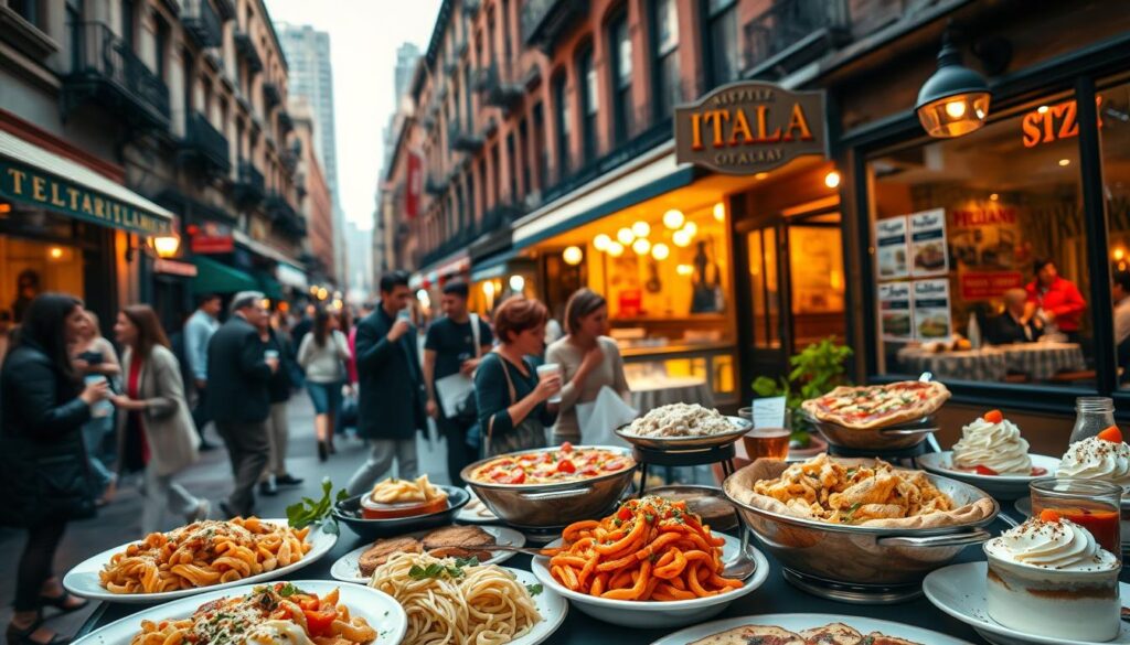 A bustling street in New York City's Little Italy, lined with traditional trattorias and cafes. In the foreground, a table overflows with a feast of Italian specialties - steaming pasta dishes, crisp wood-fired pizza, garlic-infused bruschetta, and rich, creamy tiramisu. The middle ground features lively patrons enjoying the vibrant atmosphere, with the iconic backdrop of historic brownstone buildings and a glimpse of the city skyline. Warm, golden lighting casts a cozy glow, evoking the charm and romance of authentic Italian dining. The scene exudes the mouthwatering aromas and lively energy that embody the essence of delicious Italian cuisine in the heart of New York City.