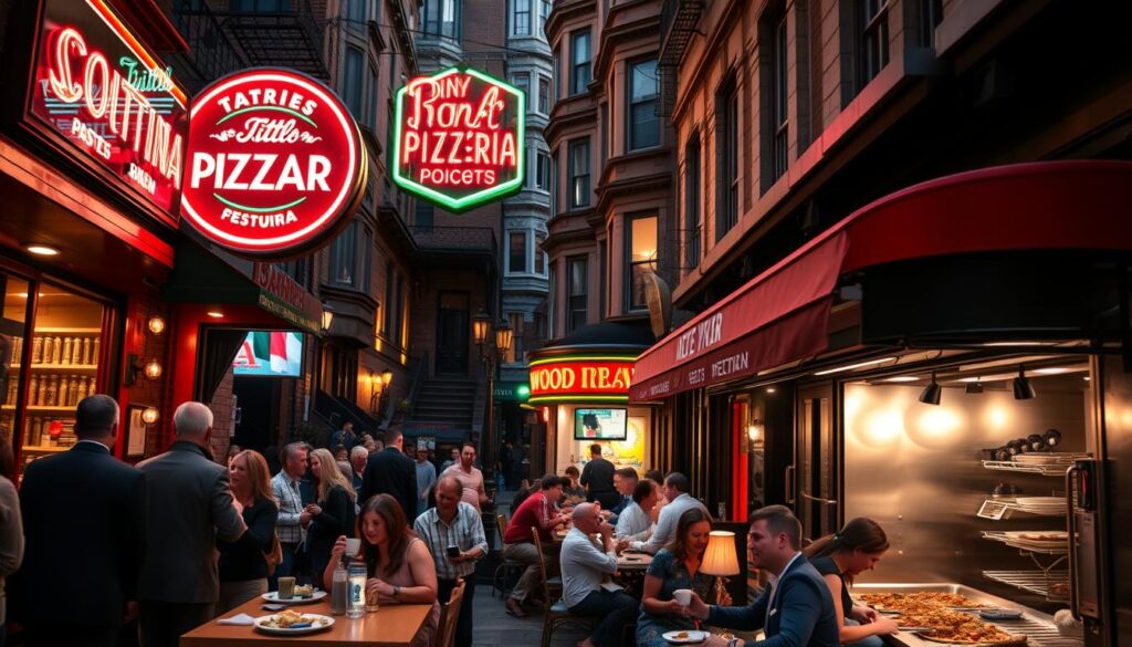 A bustling street in New York City's iconic Little Italy, lined with charming Italian eateries bathed in warm, inviting lighting. In the foreground, a cozy trattoria with an open kitchen, its chefs tossing fresh pasta and sizzling meats. Patrons spill out onto the sidewalk, sipping espresso and savoring authentic Italian dishes. The middle ground features a iconic neon-lit pizzeria, its wood-fired oven visible through the large windows. In the background, a row of historic brownstones and lively storefronts create a vibrant, distinctly New York ambiance. The scene exudes the sights, sounds, and aromas of a quintessential Italian dining experience in the heart of the city.