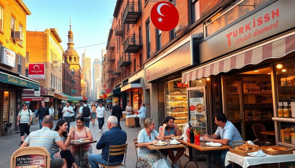 A bustling street in New York City's vibrant Turkish neighborhood, with modest yet inviting storefronts adorned with colorful awnings and authentic signage. In the foreground, a group of friends dining al fresco at a cozy, family-owned restaurant, savoring fragrant kebabs and sharing plates of meze against a backdrop of lively conversation. The middle ground features passersby browsing the wares of local markets, the air filled with the tantalizing aromas of freshly baked pide and simmering stews. In the distance, the iconic skyline of Manhattan frames the scene, bathed in the warm, golden light of the setting sun, creating a welcoming, budget-friendly atmosphere that captures the essence of Turkish culinary culture in the city.