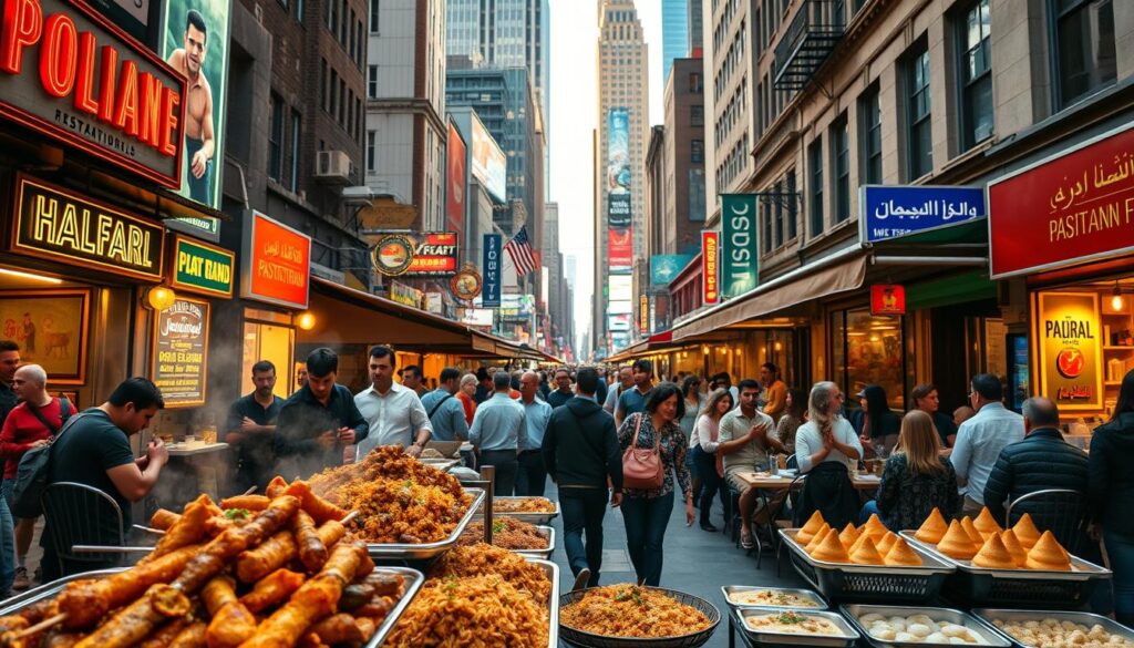 A bustling street in the heart of New York City, lined with vibrant halal restaurants and food stalls. In the foreground, a mouth-watering display of sizzling kebabs, fragrant biryani, and flaky samosas, tempting passersby with their authentic Pakistani flavors. The middle ground showcases a diverse crowd of hungry diners enjoying their meals al fresco, surrounded by the iconic skyscrapers and neon signs that define the NYC skyline. Warm, golden lighting casts a cozy glow, creating an inviting atmosphere that celebrates the city's rich cultural diversity. The scene exudes a sense of energy and community, perfectly capturing the best of halal cuisine that New York has to offer.