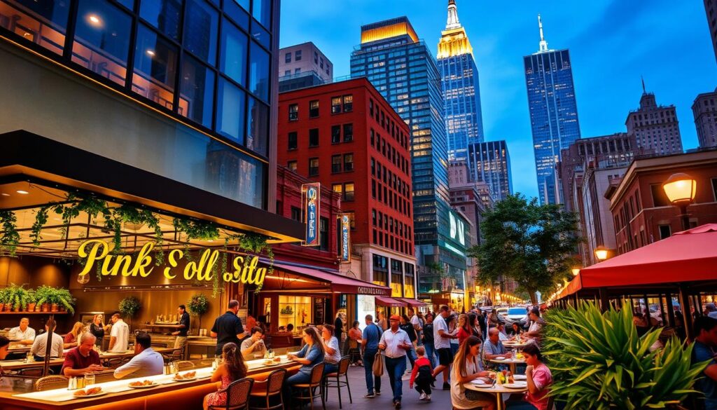 A bustling street in the heart of New York City, vibrant with the sights and smells of Dominican fusion cuisine. In the foreground, a modern, chic restaurant with a large, open kitchen showcasing the culinary artistry of its talented chefs. Patrons dine on a fusion of traditional Dominican flavors and contemporary global influences, their plates adorned with expertly plated dishes that blend tropical colors and textures. The middle ground features lively outdoor seating, where locals and tourists alike savor the unique and delicious offerings. In the background, the iconic skyscrapers of the city skyline provide a dramatic backdrop, illuminated by warm, golden lighting that creates a welcoming, inviting atmosphere.
