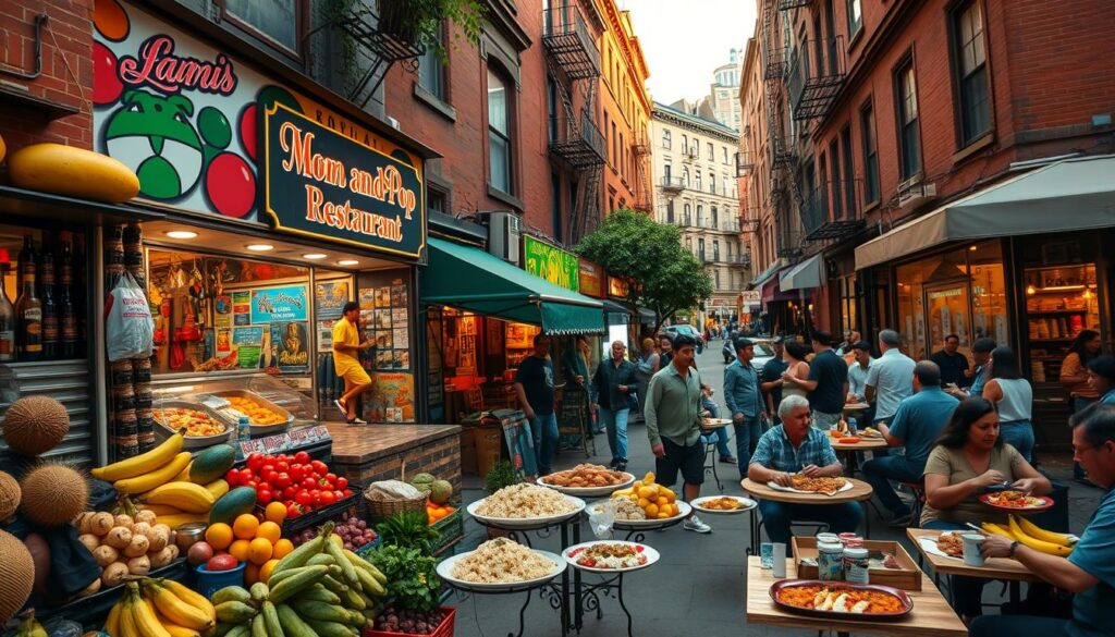 A bustling street scene in Washington Heights, NYC, showcasing the vibrant Dominican cuisine. In the foreground, a family-owned bodega displays an array of tropical fruits, spices, and traditional ingredients. Sizzling sounds and savory aromas drift from the open windows of a nearby mom-and-pop restaurant, its façade adorned with colorful murals and neon signs. In the middle ground, locals gather at outdoor tables, sharing plates of hearty rice and beans, slow-roasted pork, and sweet plantains. The background is a tapestry of brownstone buildings, corner bodegas, and lively music spilling out from corner windows. Warm, golden-hour lighting casts a welcoming glow over the entire scene, capturing the energy and authenticity of this Dominican food haven.