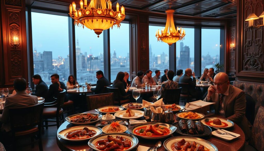 A bustling, upscale Pakistani restaurant in the heart of New York City. The interior is warm and inviting, with intricately carved wooden furniture, ornate chandeliers, and vibrant textiles adorning the walls. In the foreground, a table is set with an array of fragrant, authentic dishes - flavorful curries, sizzling kebabs, and fluffy naan bread. Diners seated around the table are engaged in lively conversation, savoring the complex spices and aromas. Through the large windows, the iconic NYC skyline is visible, bathed in the soft, golden glow of the evening light. The atmosphere exudes a perfect balance of traditional Pakistani hospitality and cosmopolitan elegance.