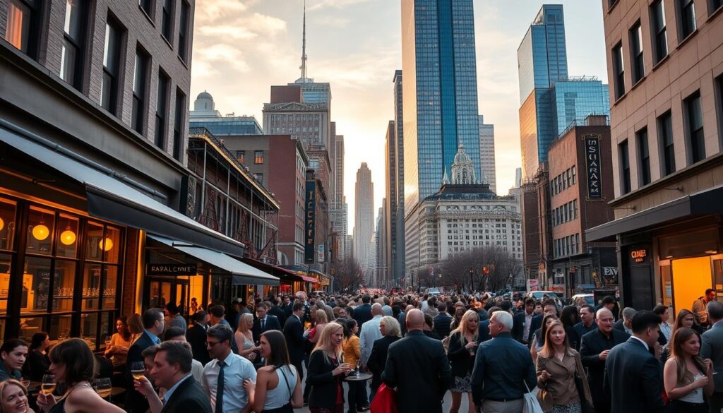 A bustling urban scene of Manhattan's most sought-after Restaurant Week dining hotspots. In the foreground, well-dressed patrons spill out onto lively sidewalks, conversing over glasses of fine wine and gourmet fare. Chic, minimalist restaurant facades line the middle ground, their warm lighting and inviting interiors visible through expansive windows. In the background, the iconic skyscrapers of the Manhattan skyline reach towards a golden-hour sky, creating a stylish, sophisticated atmosphere. The scene is captured through a cinematic, wide-angle lens, emphasizing the energetic, vibrant nature of this culinary event.