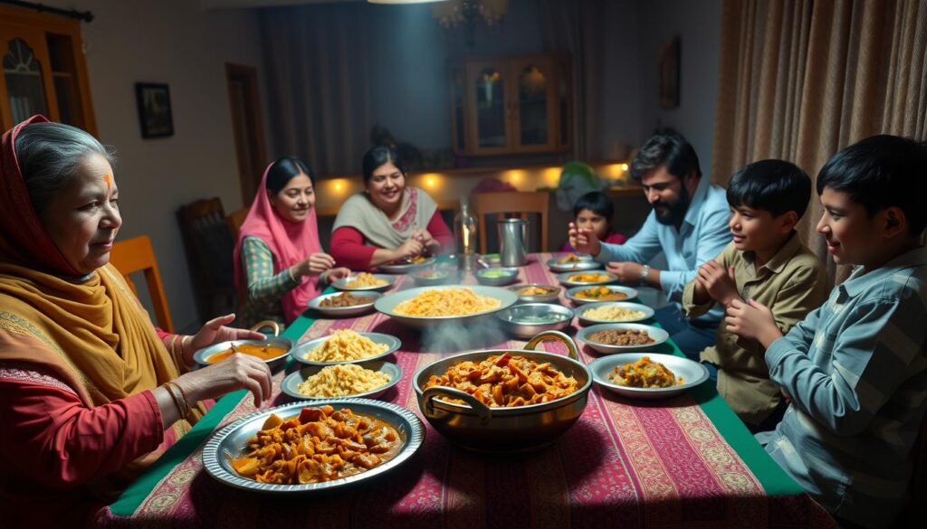 A cozy Pakistani family gathered around a large, traditional dining table, adorned with a vibrant table runner and an assortment of authentic dishes. In the foreground, a grandmother serves fragrant biryanis and curries as the children eagerly await their plates. The middle ground features the family members, laughing and conversing, conveying a sense of warmth and togetherness. In the background, the dimly lit room is accented by subtle ambient lighting, casting a soft, inviting glow and creating an intimate, family-friendly atmosphere. The scene is captured with a wide-angle lens, allowing the viewer to immerse themselves in the familial setting.
