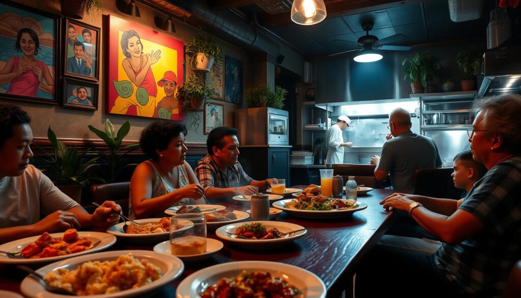 A cozy, authentic Dominican restaurant in New York City, bathed in warm, inviting lighting. A multigenerational family sits at a wooden table, enjoying a lively, homestyle meal together. The foreground features plates of traditional Dominican dishes, steaming and fragrant. The middle ground showcases the restaurant's vibrant, colorful decor - vibrant artwork, plants, and family photos adorn the walls. In the background, the bustling open kitchen can be seen, where chefs skillfully prepare more mouthwatering fare. The atmosphere exudes a sense of comfort, community, and a celebration of Dominican culture and cuisine.