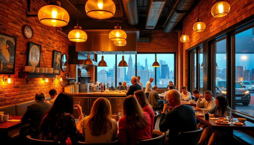 A cozy, bustling Turkish eatery nestled in the heart of New York City. The warm glow of pendant lights illuminates the rustic, exposed brick walls, creating a welcoming atmosphere. In the foreground, a group of friends gather around a table, savoring fragrant dishes of kebabs, dolma, and freshly baked pide bread. The middle ground features a lively open kitchen, where chefs skillfully prepare traditional Turkish specialties. In the background, the iconic Manhattan skyline is visible through large windows, adding a touch of urban sophistication to the scene. The overall mood is one of authentic cultural immersion, where the flavors and ambiance of Turkey blend seamlessly with the vibrant energy of New York.