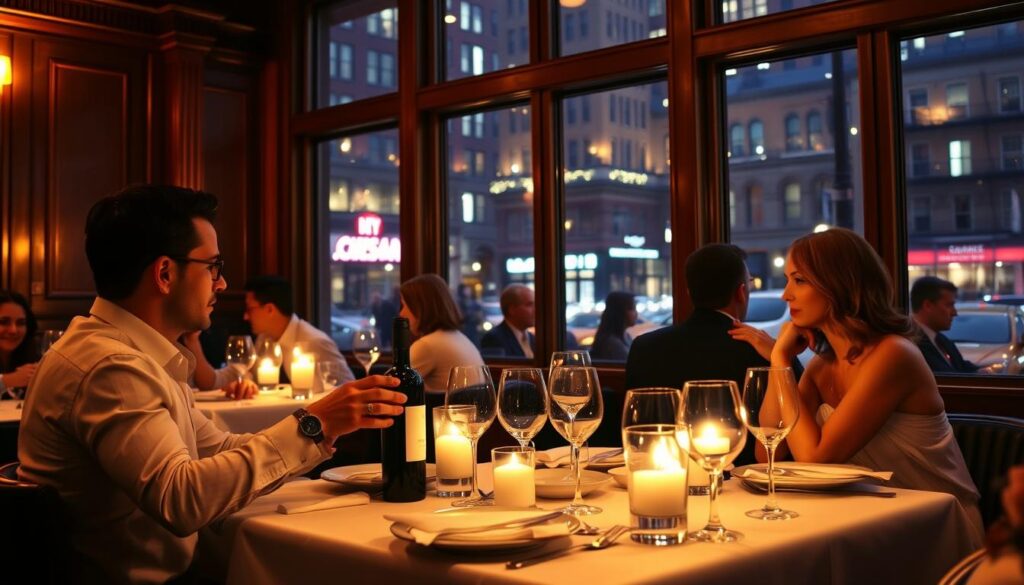 A cozy, candle-lit bistro in the heart of Manhattan, with couples enjoying an intimate, romantic dinner during NYC Restaurant Week. Soft, warm lighting illuminates the elegant, wood-paneled interior, casting a golden glow over the white linen tableccloths and crystal stemware. In the foreground, a well-dressed pair share a bottle of fine wine, their faces aglow as they converse animatedly. Beyond them, the bustling city streets are visible through large picture windows, a stark contrast to the tranquil ambiance within. The overall scene evokes a sense of refined indulgence and the magic of the city at night.