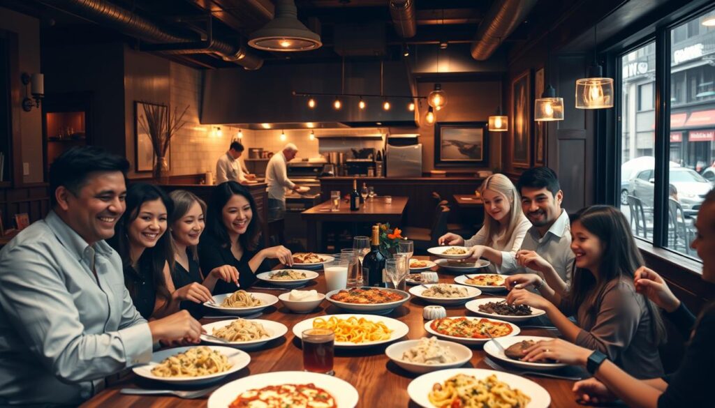 A cozy, dimly lit Italian restaurant in the heart of Little Italy, New York City. A large family gathered around a wooden table, enjoying a hearty meal together. In the foreground, a group of smiling, well-dressed adults and children pass plates of steaming pasta, pizza, and antipasti. The middle ground features a lively open kitchen, where chefs in crisp white uniforms toss dough and stir simmering sauces. In the background, the warm glow of wall sconces and string lights creates a convivial, old-world atmosphere, while large windows offer glimpses of the bustling street outside. The scene is captured with a soft, cinematic lens, emphasizing the intimacy and camaraderie of this family dining experience.