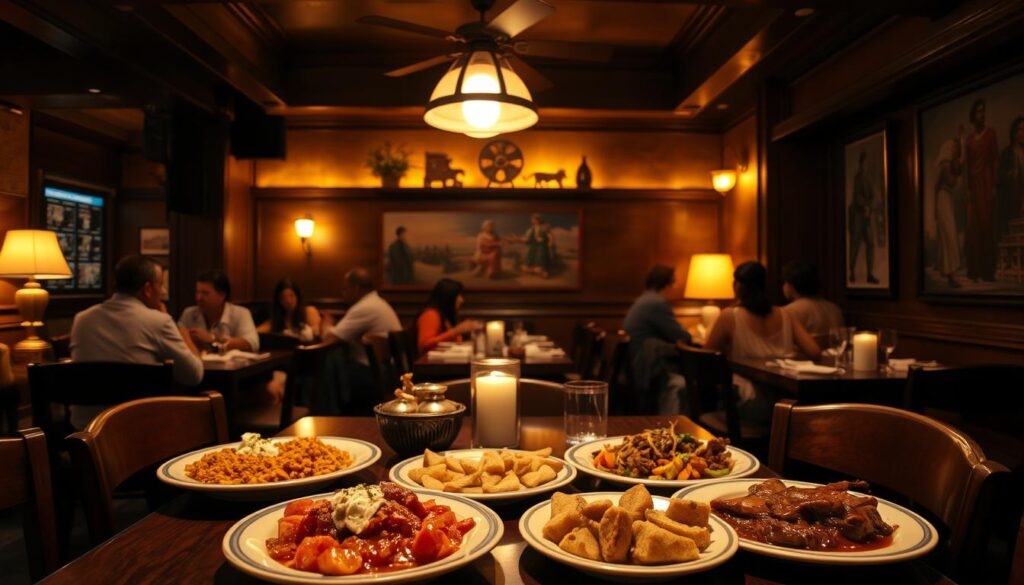 A cozy, dimly-lit interior of a traditional Dominican restaurant in New York City. In the foreground, a well-appointed table setting with vibrant plates of authentic Dominican cuisine, such as moros y cristianos, tostones, and pernil. The middle ground features patrons enjoying their meals, engaged in lively conversation, creating an atmosphere of conviviality and cultural immersion. The background showcases warm, amber lighting, wooden accents, and Dominican-inspired wall decor, evocative of the island's rich heritage. A sense of comfort, hospitality, and culinary excellence permeates the scene, inviting the viewer to experience the best of Dominican dining in the heart of the bustling city.
