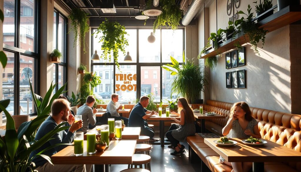 A cozy, plant-filled interior of a modern, Brooklyn-based vegan restaurant. The mid-morning sun streams through large windows, casting a warm glow over wooden tables and plush, earth-toned banquettes. Patrons sip on vibrant green smoothies and tuck into artfully plated dishes showcasing seasonal, locally-sourced ingredients. The atmosphere is lively yet relaxed, with a palpable sense of community. Lush potted plants and hanging greenery line the walls, while sleek pendant lights and muted industrial accents lend an elevated, yet welcoming aesthetic. The overall scene evokes a neighborhood haven for conscious dining.