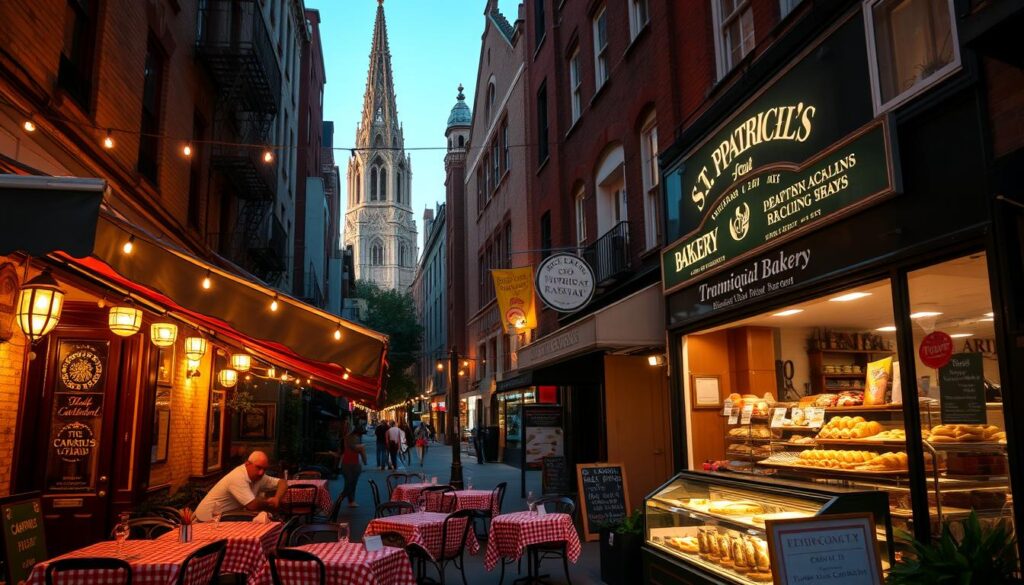A cozy street in Little Italy, NYC, on a warm summer evening. In the foreground, a bustling trattoria with an open-air patio, tables adorned with red-and-white checkered tablecloths and lit by the warm glow of hanging string lights. The aroma of freshly baked pizza and simmering marinara wafts through the air. In the middle ground, a traditional Italian bakery displays its tempting array of cannoli, tiramisu, and other decadent pastries in its windows. In the background, the iconic Basilica of St. Patrick's Old Cathedral stands tall, its ornate facade casting a welcoming shadow over the lively neighborhood. The overall scene conveys the vibrant, old-world charm and authentic culinary delights that define the essence of Little Italy.