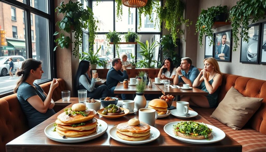 A cozy, sun-dappled cafe in the heart of Manhattan, its windows framing a bustling street scene. At the center, an inviting spread of plant-based brunch delights - fluffy tofu scramble, stacks of banana-walnut pancakes, avocado toast with a vibrant microgreen garnish. The aroma of freshly brewed coffee and sizzling vegan sausages fills the air, creating a welcoming, lively atmosphere. Patrons sip their drinks and converse animatedly, seated at rustic wooden tables or on plush, earth-toned banquettes. Lush, verdant foliage cascades from wall-mounted planters, complementing the overall sense of a serene, nature-inspired oasis amidst the bustling city.