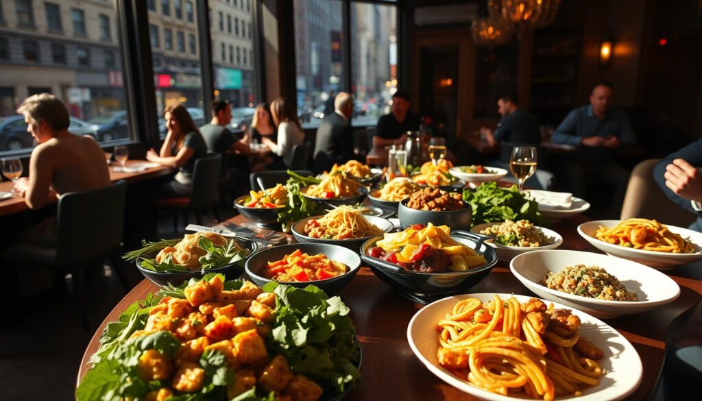 A cozy, well-lit Manhattan restaurant scene during Restaurant Week. In the foreground, a lush, colorful display of diverse vegetarian and vegan dishes - from hearty tofu stir-fries to vibrant salads and artisanal pastas. Diners sit around elegant wood-topped tables, engaged in lively conversation, casting warm, soft shadows. The background features large windows overlooking the bustling city streets, with a stylish, minimalist decor and subtle mood lighting, creating an inviting, upscale ambiance. The overall atmosphere is one of refined sophistication and culinary appreciation.