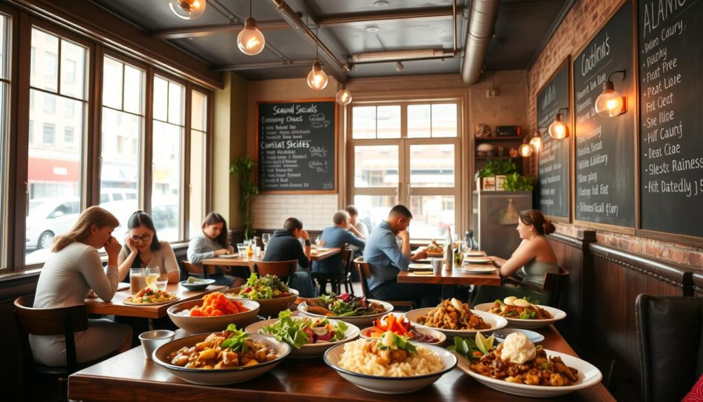 A cozy, well-lit vegan restaurant interior in New York City, with seasonal specials displayed on a chalkboard menu. In the foreground, an array of vibrant, plant-based dishes - hearty stews, colorful salads, and artfully presented desserts. Diners sit at rustic wooden tables, enjoying the warm ambiance and natural light filtering through large windows. The middle ground features a cheerful staff, attentively serving the patrons. In the background, a glimpse of the bustling city streets outside, hinting at the diversity and energy of the NYC dining scene. The overall mood is one of comfort, abundance, and a celebration of the season's finest vegan offerings.