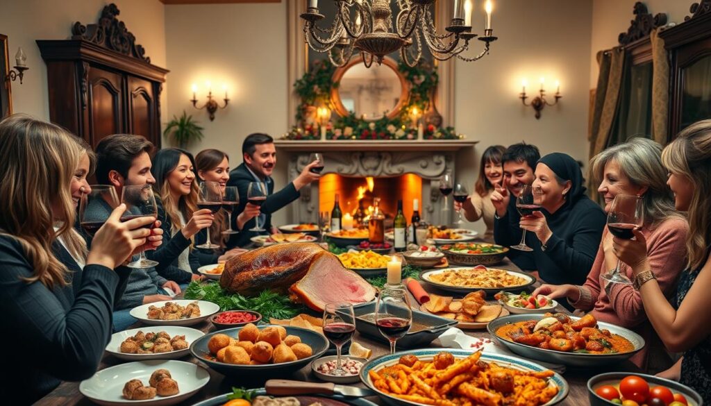 A festive gathering of family and friends, gathered around a lavish table laden with a feast of traditional Spanish delicacies. In the foreground, a sumptuous spread of roasted suckling pig, sizzling paella, and vibrant tapas. The middle ground features lively conversation and laughter, as guests raise their glasses of ruby-red Rioja. In the background, a cozy fireplace casts a warm glow, illuminating the elegantly appointed dining room with its ornate chandeliers and hand-carved furnishings. The atmosphere is one of conviviality and indulgence, capturing the essence of Spanish holiday celebrations.