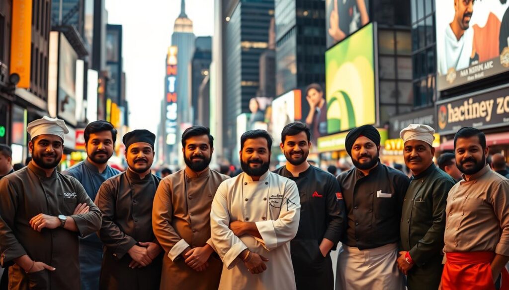 A group of influential Pakistani chefs, dressed in traditional attire, standing confidently in a bustling New York City backdrop. The foreground features the chefs, each with a distinct and charismatic presence, showcasing their culinary expertise. The middle ground depicts the vibrant, diverse cityscape of NYC, with iconic skyscrapers and busy streets. The lighting is warm and inviting, casting a soft glow on the scene, capturing the rich cultural heritage and the chefs' passion for sharing their authentic flavors with the world. The overall atmosphere conveys a sense of pride, innovation, and the celebration of Pakistani cuisine's impact on the culinary landscape of New York City.