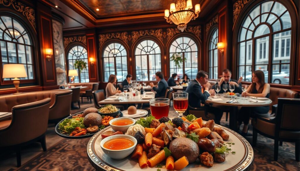A lavish Turkish restaurant in the heart of New York City, with a sophisticated interior of warm lighting, intricate tilework, and plush seating. The foreground features a beautifully presented Turkish meze platter, a vibrant array of small dishes like hummus, dolma, and Turkish salads. In the middle ground, elegantly dressed diners enjoy conversation over steaming cups of Turkish tea and plates of fragrant kebabs and mains. The background showcases the restaurant's grand, arched windows overlooking the bustling streets of Manhattan, creating an atmosphere of upscale urban elegance.
