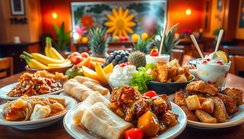 A lively collection of must-try Filipino dishes, artfully arranged against a backdrop of vibrant colors and textures. In the foreground, a delectable mix of fragrant adobo, savory lumpia, and vibrant halo-halo, each dish presented with meticulous attention to detail. The middle ground features a vibrant array of tropical fruits, evoking the lush flavors of the islands. In the background, a warm, inviting setting with wooden accents and hints of traditional Filipino decor, creating an atmosphere of authentic cultural immersion. Warm, natural lighting casts a golden glow, enhancing the appetizing appeal of the culinary delights. Captured with a wide-angle lens to showcase the full spread of this mouthwatering Filipino feast.