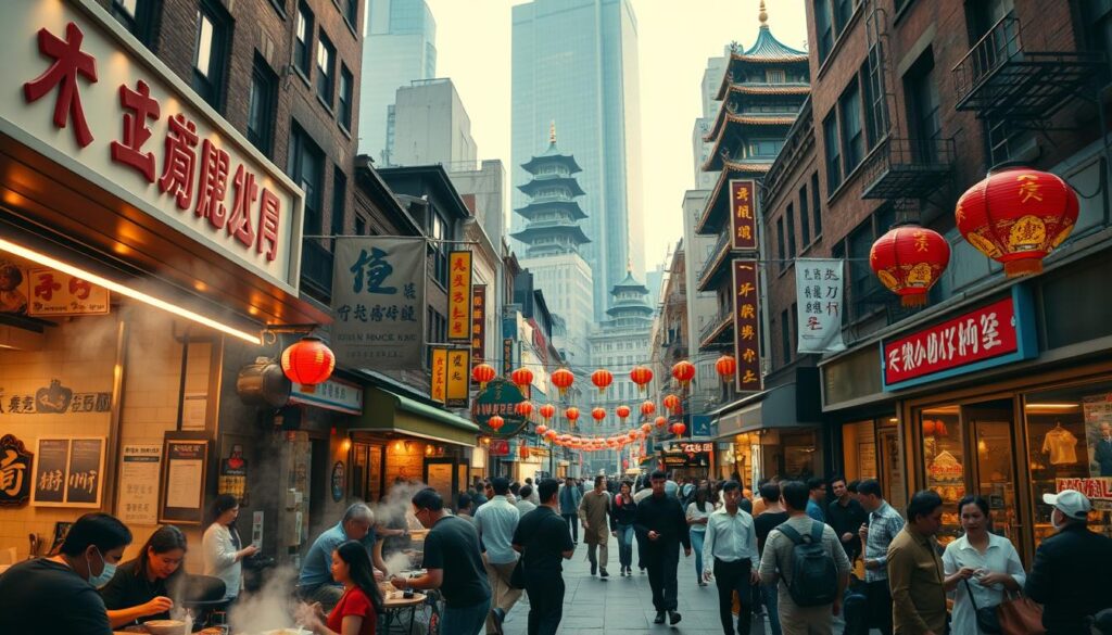 A lively street scene in Chinatown, New York City. In the foreground, a bustling noodle shop with steam rising from the kitchen, patrons seated at small tables savoring steaming bowls of noodles. The middle ground features colorful storefront signs, lanterns, and the hustle and bustle of pedestrians navigating the crowded sidewalks. In the background, towering buildings and pagoda-style architecture create a vibrant, atmospheric setting. Warm, golden lighting filters through the scene, capturing the energy and aroma of this iconic neighborhood's noodle culture. Shot with a wide-angle lens to showcase the depth and liveliness of the environment.