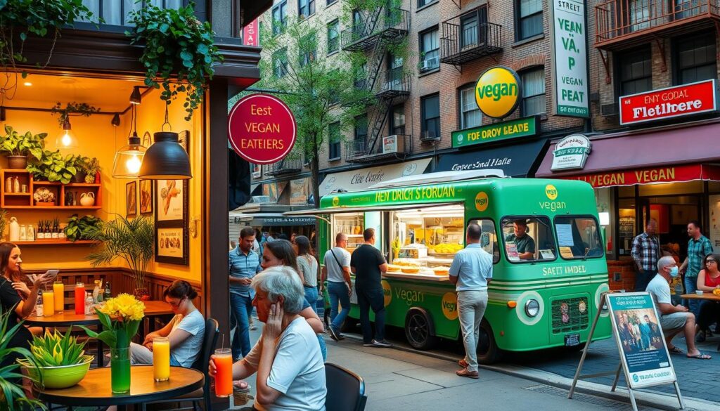 A lively street scene in New York City, showcasing the diverse range of affordable vegan eateries. In the foreground, a small, cozy café with warm lighting and a stylish plant-filled interior. Patrons are enjoying plant-based meals and sipping on colorful smoothies. In the middle ground, a vibrant, plant-based food truck serves up delicious vegan fare to a line of hungry customers. In the background, a row of unique, independently-owned vegan restaurants and quick-service joints, their facades adorned with eye-catching signage and inviting outdoor seating. The atmosphere is lively, with a sense of community and a commitment to accessible, plant-based dining options in the heart of the city.