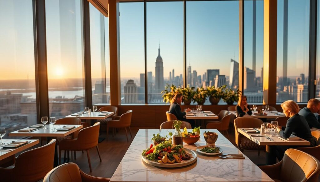 A lush, contemporary vegan restaurant in the heart of Manhattan, bathed in warm, golden lighting. The sleek, minimalist interior features a stylish mix of natural wood, muted tones, and elegant glass accents. At the center, a sophisticated plant-based feast is displayed on a marble tabletop, with artfully arranged dishes showcasing the finest seasonal produce. Floor-to-ceiling windows offer a breathtaking view of the bustling city skyline, creating an atmosphere of refined luxury and urban sophistication. Patrons dine in quiet contemplation, savoring the delicate flavors and impeccable presentation of this upscale vegan dining experience.