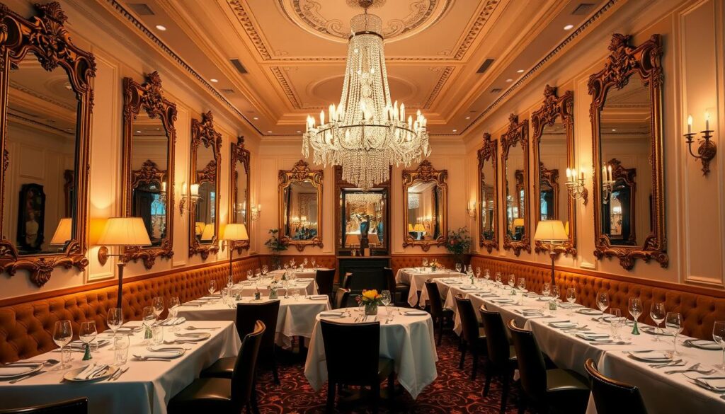 A luxurious French dining room in New York City, illuminated by soft, warm lighting that casts a cozy glow. Ornate, gilt-framed mirrors line the walls, reflecting the elegant, white-clothed tables set with fine china and gleaming silverware. Plush, tufted banquettes line the perimeter, providing comfortable seating for discerning diners. In the center, a grand, crystal chandelier hangs, casting a shimmering display. The atmosphere is one of refined sophistication, with a hint of old-world charm, inviting guests to savor the finest French cuisine in an upscale, metropolitan setting.