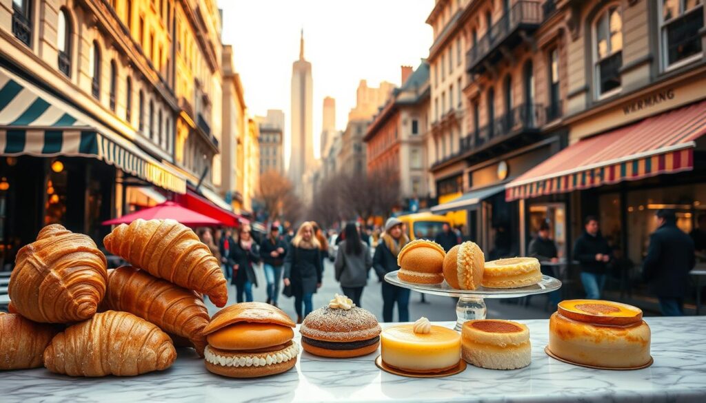 A mouth-watering display of traditional French desserts against the vibrant backdrop of a bustling New York City street. In the foreground, a variety of delicate pastries and confections – flaky croissants, rich éclairs, and decadent crème brûlée – arranged on a marble counter, their golden hues and intricate details capturing the artistry of French patisserie. The middle ground features the lively city scene, with pedestrians strolling past a charming café, its striped awnings and wrought-iron furniture evoking a Parisian ambiance. In the distance, the iconic skyscrapers of Manhattan's skyline rise, bathed in warm, golden light, creating a harmonious blend of Old World elegance and modern metropolitan energy.