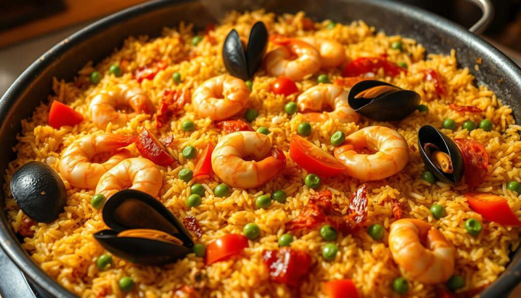 A mouthwatering classic seafood paella simmering in a large, shallow pan. The rice is perfectly cooked, each grain distinct, infused with the rich flavors of saffron, paprika, and white wine. Plump shrimp, tender squid, and juicy mussels are nestled among the vibrant vegetables - sliced tomatoes, green peas, and strips of roasted red pepper. The entire dish is illuminated by warm, golden lighting, casting a inviting glow. The scene is captured from a slightly elevated angle, showcasing the intricate layers and textures of this iconic Spanish dish. The atmosphere is one of rustic elegance, capturing the essence of Spanish culinary tradition.