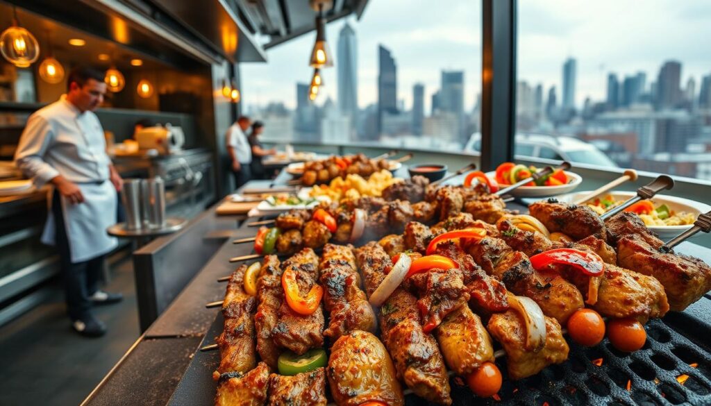 A mouthwatering display of the best kebabs in New York City. In the foreground, tender, marinated meat sizzles on a charcoal grill, its tantalizing aroma wafting through the air. Juicy lamb and chicken skewers are arranged artfully, drizzled with savory sauces and garnished with vibrant peppers and onions. In the middle ground, the bustling scene of a lively Turkish restaurant comes into focus, with white-aproned chefs skillfully tending to the grill and friendly servers carrying platters of fragrant dishes. In the background, the iconic skyline of New York City provides a dynamic urban backdrop, hinting at the multicultural vibrancy of this culinary destination. Warm, golden lighting casts a cozy, inviting atmosphere, beckoning diners to indulge in the best kebabs the city has to offer.
