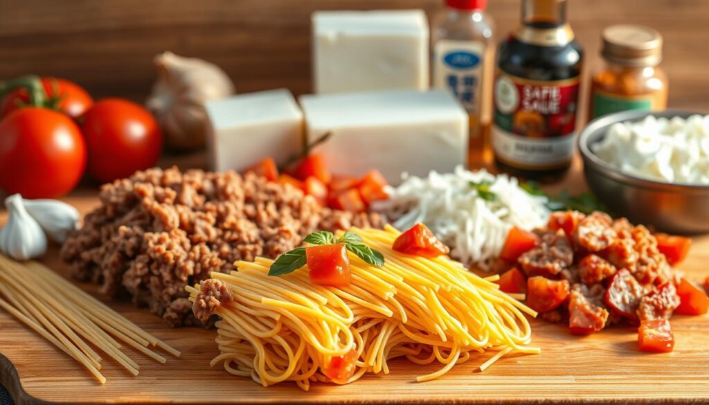 A neatly arranged still life showcasing the essential ingredients for a delectable ramen lasagna dish. In the foreground, fresh ramen noodles, ground beef, and diced tomatoes are carefully placed on a wooden cutting board, illuminated by warm, natural lighting from the side. In the middle ground, blocks of creamy ricotta and shredded mozzarella cheese create a visually appealing contrast. In the background, a selection of aromatic spices, such as garlic, ginger, and soy sauce, are visible, hinting at the savory flavors to come. The overall composition conveys a sense of simplicity, approachability, and budget-friendly practicality, perfectly capturing the essence of the "Easy Ramen Lasagna Recipe" and its "Simple Ingredients" section.