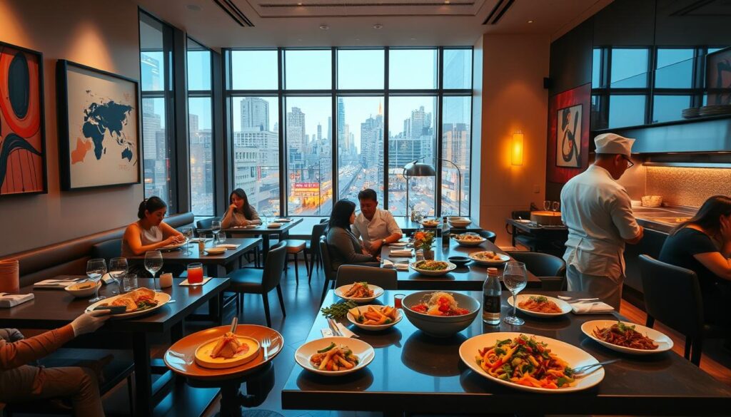 A sleek, modern restaurant interior with floor-to-ceiling windows overlooking the bustling streets of New York City. The dining area is bathed in warm, soft lighting, casting a cozy ambiance. On the tables, an artful display of Vietnamese fusion dishes - delicate spring rolls, fragrant pho, and vibrant vegetable stir-fries, plated with a contemporary twist. Chefs in crisp white uniforms work diligently in an open kitchen, skillfully blending traditional Vietnamese flavors with innovative culinary techniques. The walls are adorned with abstract Vietnamese-inspired artwork, complementing the minimalist, yet elegant decor. Patrons, a mix of local foodies and curious diners, enjoy their meals against the backdrop of the Manhattan skyline visible through the windows.