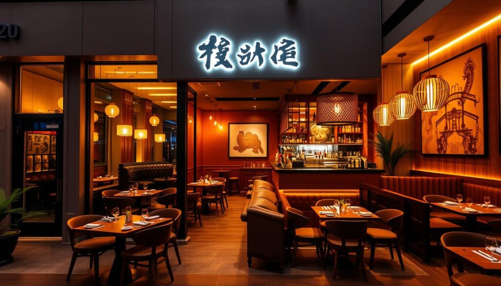 A stylish fusion restaurant nestled in the heart of Chinatown, featuring a striking blend of traditional Chinese elements and modern, trendy design. The exterior boasts a sleek, minimalist facade with large windows that allow glimpses of the vibrant, lively atmosphere within. The interior is bathed in warm, ambient lighting, creating a cozy and inviting ambiance. Elegant wooden furnishings and contemporary art pieces adorn the space, seamlessly merging the old and the new. Patrons enjoy a menu that showcases innovative takes on classic Chinese dishes, utilizing fresh, high-quality ingredients and creative presentation. An open kitchen allows diners to witness the culinary artistry unfolding, while the lively bar area serves up unique craft cocktails that complement the fusion cuisine perfectly.
