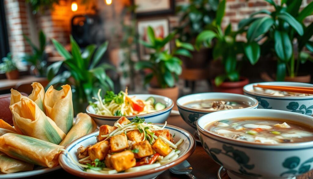 A vibrant Vietnamese vegetarian feast unfolds before us in a cozy NYC eatery. In the foreground, an artful arrangement of sizzling veggie spring rolls, crisp green papaya salad, and aromatic lemongrass tofu, all bursting with bold flavors. In the middle ground, steaming bowls of fragrant pho, with noodles and mushrooms swimming in a rich, savory broth. The background is a warm, inviting scene, with lush potted plants, exposed brick walls, and soft, diffused lighting casting a welcoming glow. The atmosphere is one of relaxed sophistication, where diners can savor the best of Vietnamese cuisine's meatless delicacies in the heart of the city.