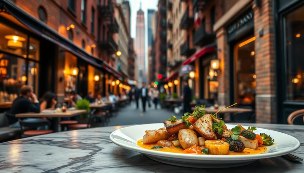 A vibrant fusion of French and American culinary traditions, set against the backdrop of a lively New York City street. In the foreground, a table showcases a meticulously plated dish, blending classic French techniques with bold American flavors. Delicate sauces, expertly seared proteins, and artfully arranged vegetables create a visually stunning presentation. The middle ground features the bustling energy of the city, with people enjoying their meals at cozy sidewalk cafes. Warm lighting casts a soft glow, accentuating the rustic charm of exposed brick walls and wrought-iron details. In the distance, the iconic skyscrapers of Manhattan rise, creating a dynamic contrast between the old-world elegance of French cuisine and the modern, fast-paced spirit of New York.